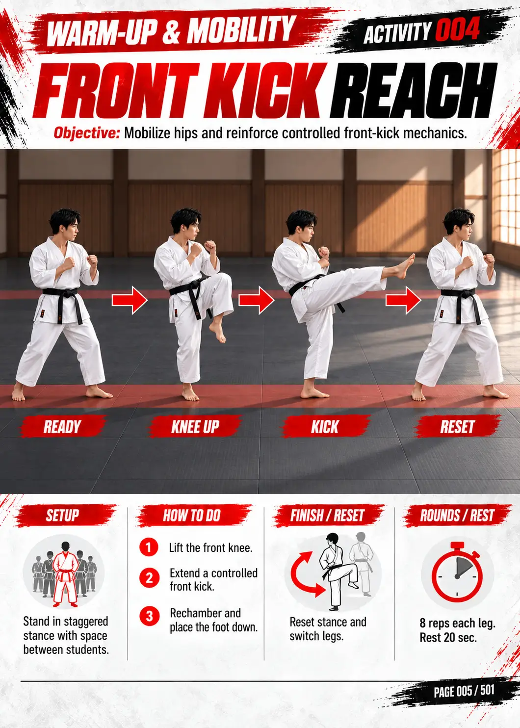 Page 5: Front Kick Reach, a warm-up and mobility activity with step photos and setup notes